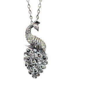 Peacock Pendant Necklace Long Chain Silver Crystal Statement Jewelry